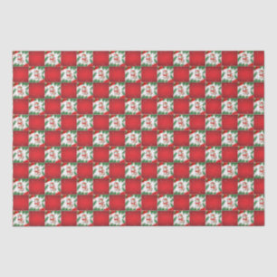 Modern Cute cat Santa Xmas Holly checker Pattern Tissue Paper