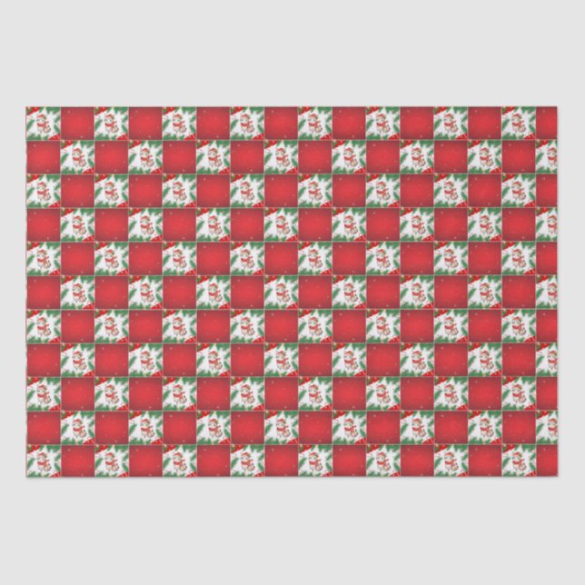 Modern Cute cat Santa Xmas Holly checker Pattern Tissue Paper (Front)
