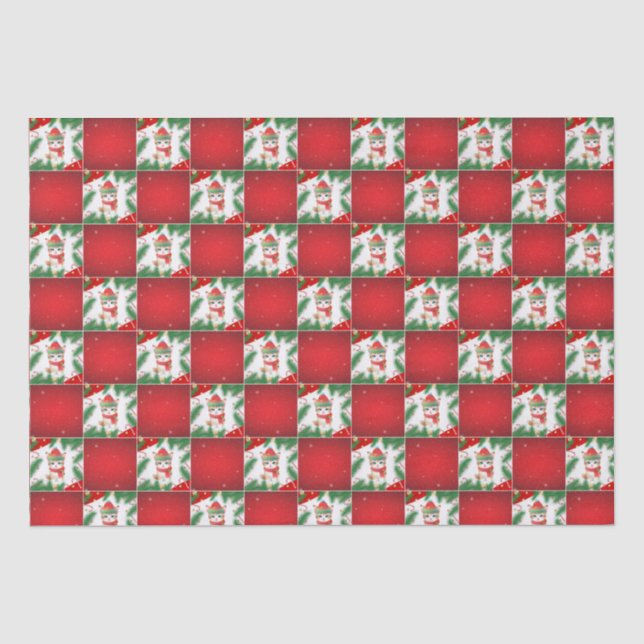 Modern Cute cat Santa Xmas Holly checker Pattern Tissue Paper (Front)