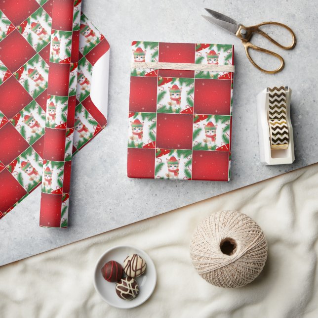 Modern Cute cat Santa Xmas Holly checker Pattern Wrapping Paper (Crafts)