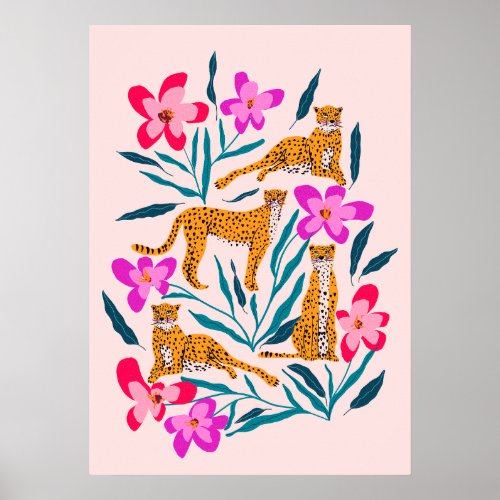 Modern cute cheetah with orchids  poster