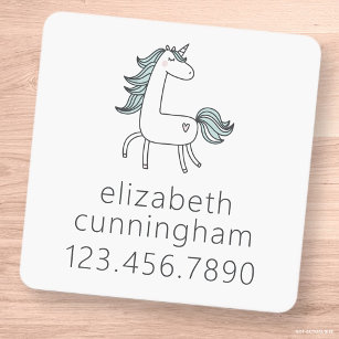 Modern Cute Chic Unicorn Photo Name Phone Number Kids' Labels