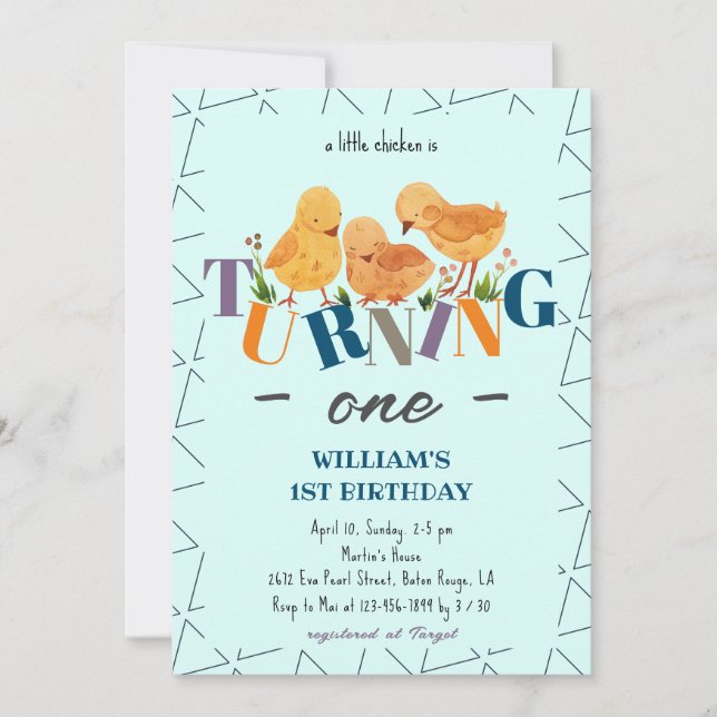 Modern Cute Chicken Family Boy 1st Birthday Invitation (Front)