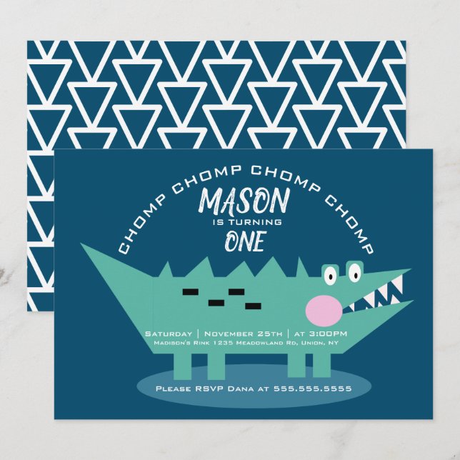 Modern Cute Chomping Alligator Safari Birthday Invitation (Front/Back)