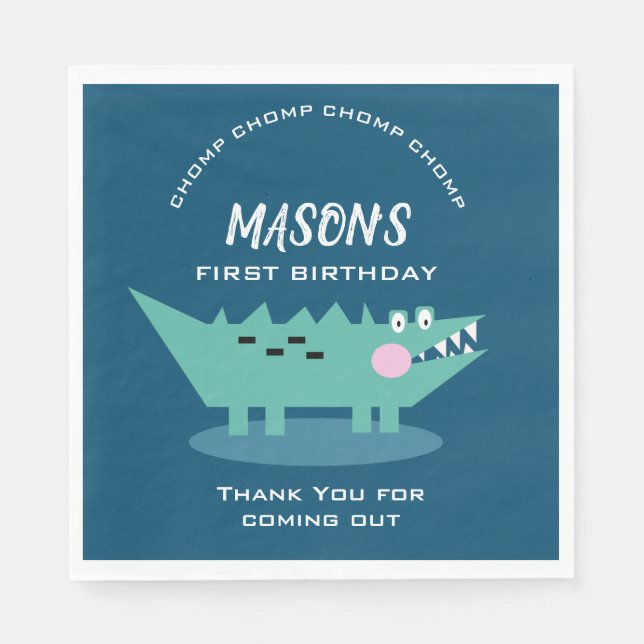 Modern Cute Chomping Alligator Safari Birthday  Napkins (Front)