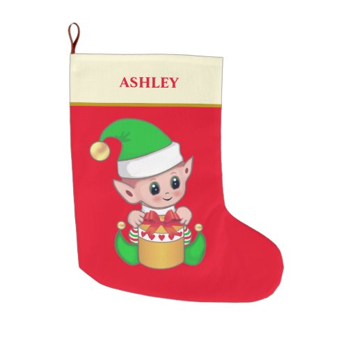 Modern cute Christmas elf  gift box on red Large Christmas Stocking