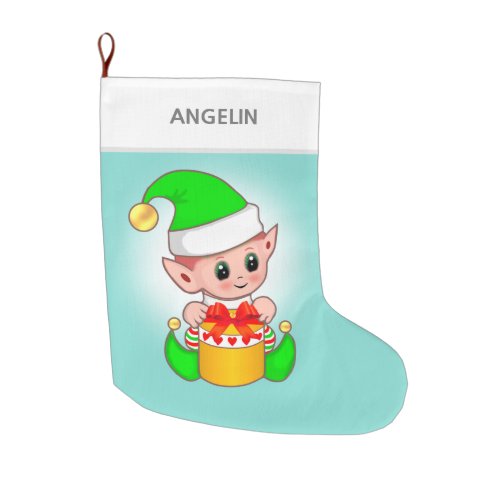 Modern cute Christmas elf on light blue Large Christmas Stocking