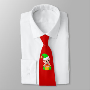 Modern Cute Christmas Elf on Red Neck Tie