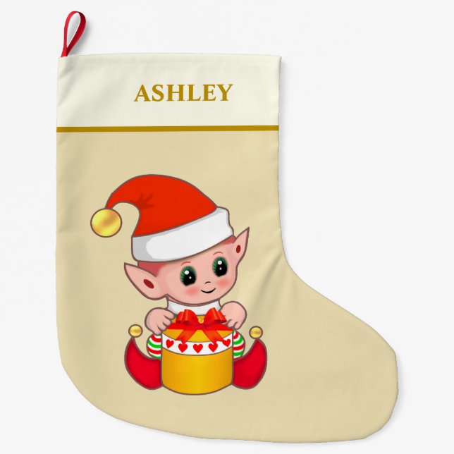 Modern cute Christmas elf on sand beige Large Christmas Stocking (Front)