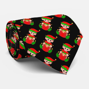 Modern Cute Christmas Elf Pattern on Black Neck Tie