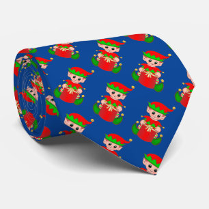 Modern Cute Christmas Elf Pattern on Blue Neck Tie