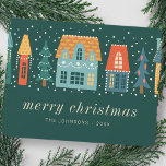 Modern Cute Christmas Winter Snow Town Scene Holiday Card<br><div class="desc">Design is composed of watercolor snow covered forest of pine trees

Available here:
http://www.zazzle.com/store/selectpartysupplies</div>