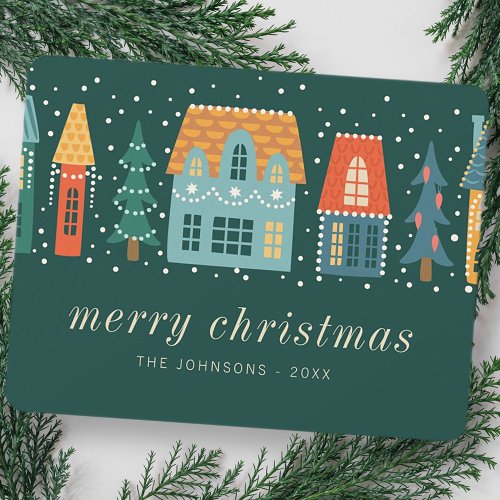 Modern Cute Christmas Winter Snow Town Scene Holiday Card