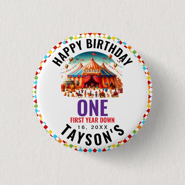 Modern Cute Circus Carnival 1st Birthday Button (Front)
