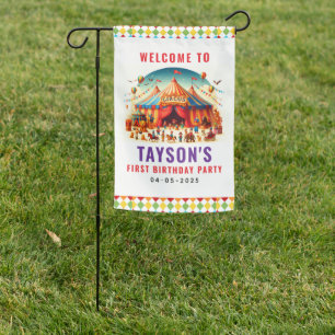 Modern Cute Circus Carnival 1st Birthday Garden Flag