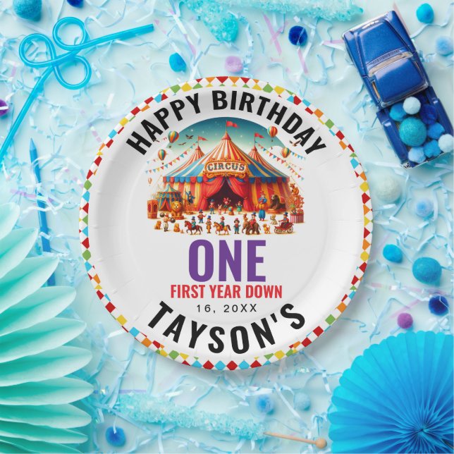Modern Cute Circus Carnival 1st Birthday Paper Plates (Party)