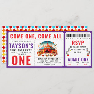 Modern Cute Circus Carnival 1st Birthday Ticket Invitation