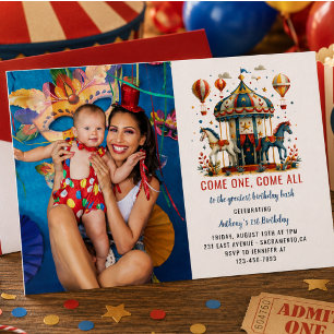 Modern Cute Circus Carnival Festival 1st Birthday Invitation