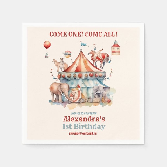 Modern Cute Circus Carnival Festival 1st Birthday Napkins (Front)