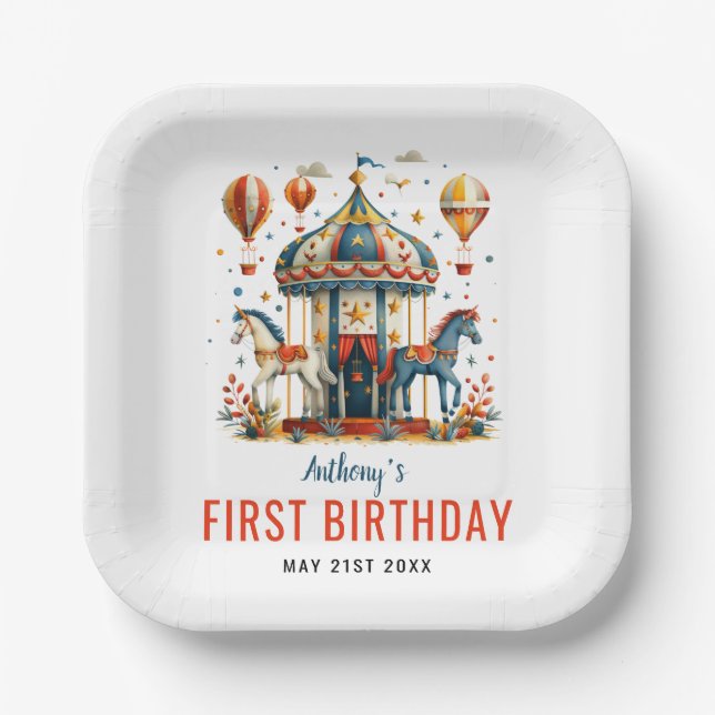 Modern Cute Circus Carnival Festival 1st Birthday  Paper Plates (Front)