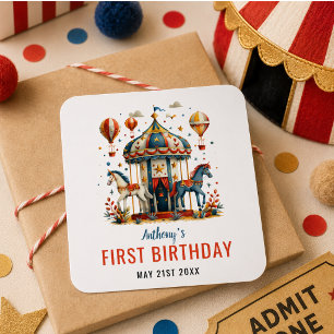 Modern Cute Circus Carnival Festival 1st Birthday Square Sticker