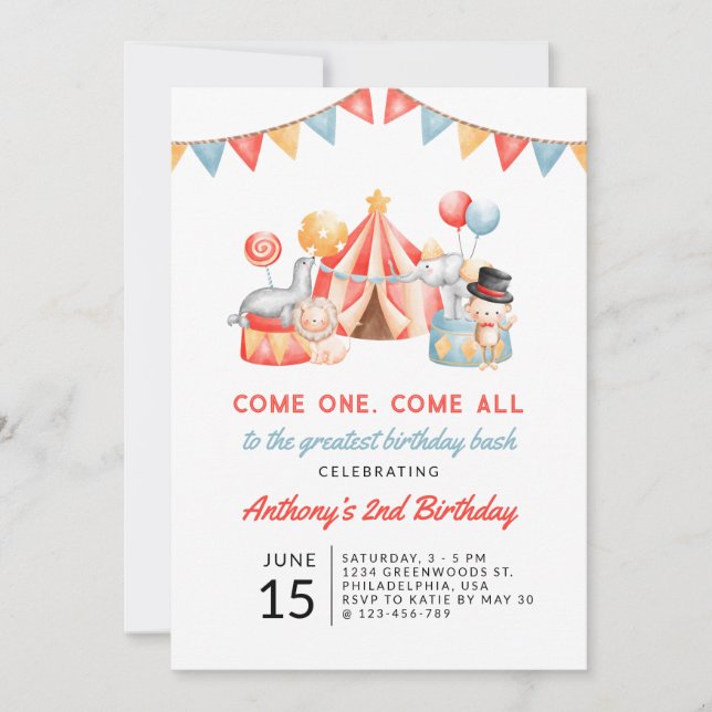 Modern Cute Circus Carnival Festival 2nd Birthday Invitation (Front)