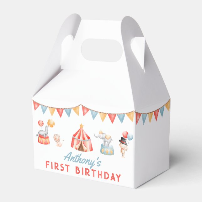Modern Cute Circus Carnival Fiesta First Birthday Favor Boxes (Front Side)