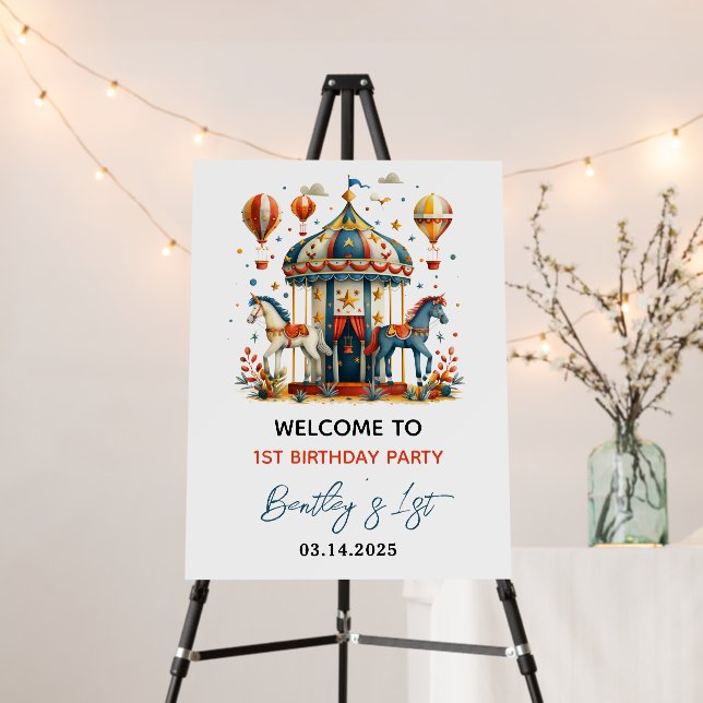 Modern Cute Circus Carnival Fiesta First Birthday Foam Board (In Situ (Stand))