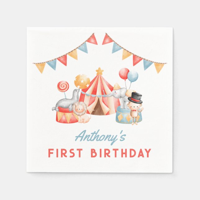 Modern Cute Circus Carnival Fiesta First Birthday Napkins (Front)