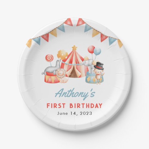 Modern Cute Circus Carnival Fiesta First Birthday Paper Plates