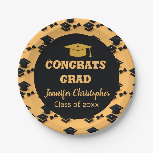  Modern Cute Classic Black & Yellow Graduation  Paper Plates (Front)