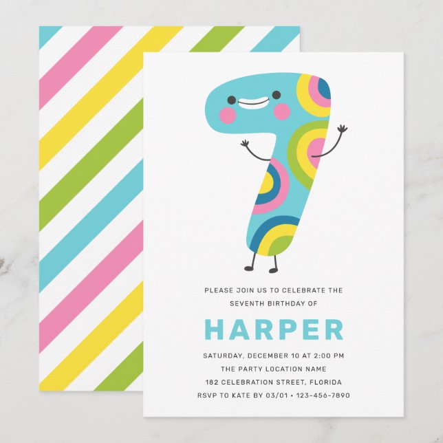 Modern Cute Colorful Fun Kids 7th Birthday Invitation (Front/Back)