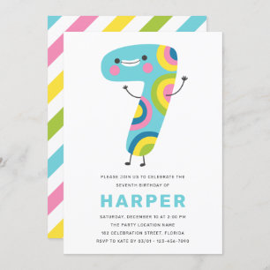 Modern Cute Colorful Fun Kids 7th Birthday Invitation