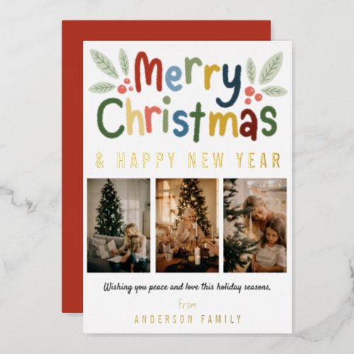 Modern Cute Colorful Merry Christmas Family Photo  Foil Holiday Card