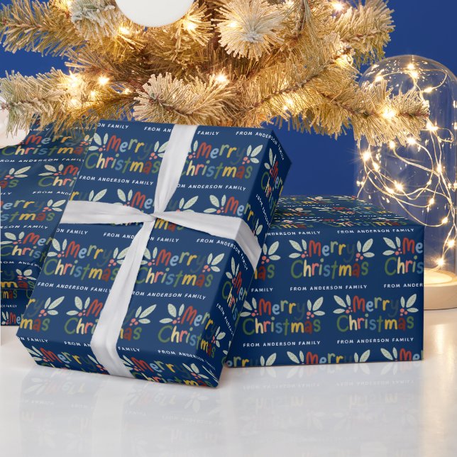 Modern Cute Colorful Merry Christmas Navy Blue Wrapping Paper (Holidays)