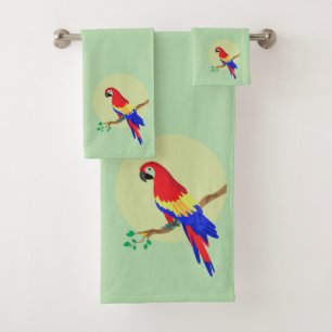 Modern Cute Colorful Parrot on Light Green Bath Towel Set