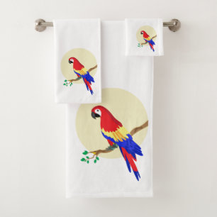 Modern Cute Colorful Parrot on White Bath Towel Set