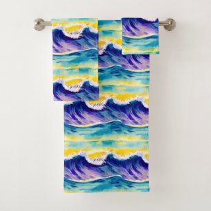Modern cute colorful summer sun Blue Yellow Bath Towel Set