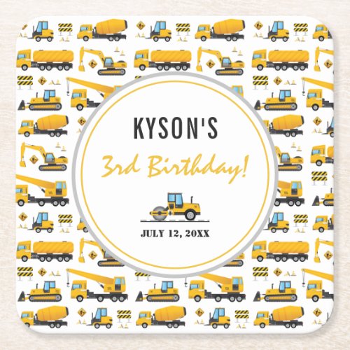 Modern Cute Construction Trucks Boy Birthday Square Paper Coaster