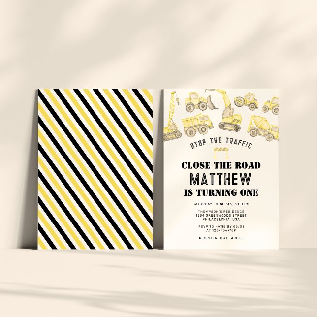 Modern Cute Construction Vehicle First Birthday Invitation (Creator Uploaded)