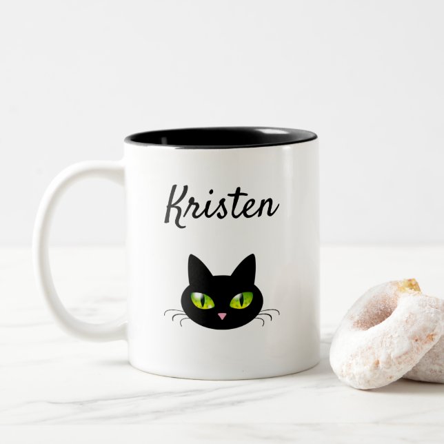 Modern Cute & Cool Black Cat Head Two-Tone Coffee Mug (With Donut)