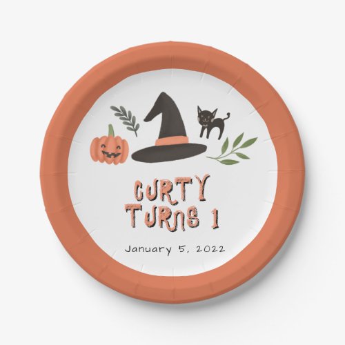 Modern Cute Creepy Halloween First Birthday Orange Paper Plates