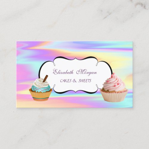 Modern Cute Cupcake Bakery Colorful Holographic Business Card
