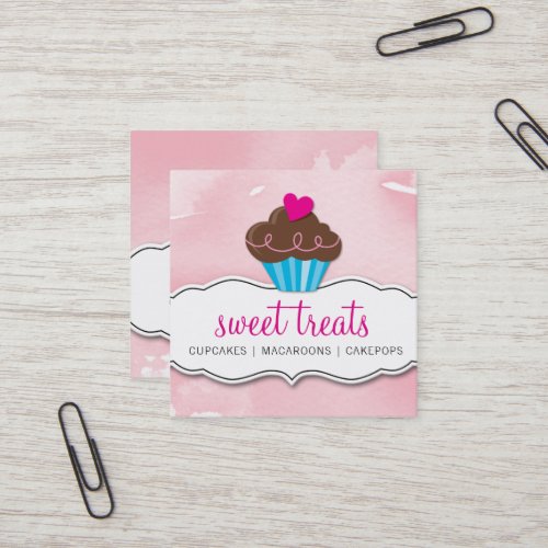 MODERN cute cupcake bakery pale pink watercolour Square Business Card
