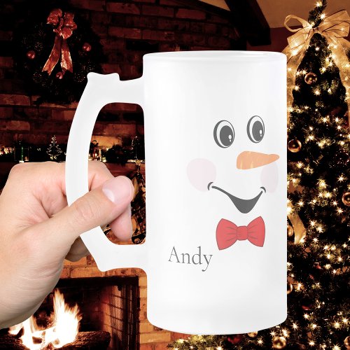 Modern Cute Custom Smiling Snowman face    Frosted Glass Beer Mug