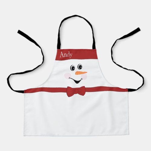 Modern Cute Custom Snowman face apron bow tie red