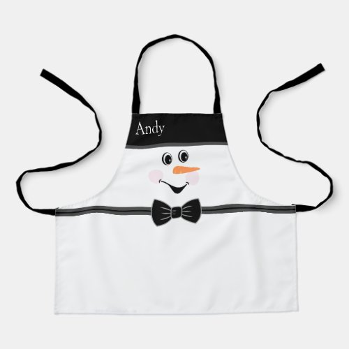 Modern Cute Custom Snowman face Black Bow Tie Apron