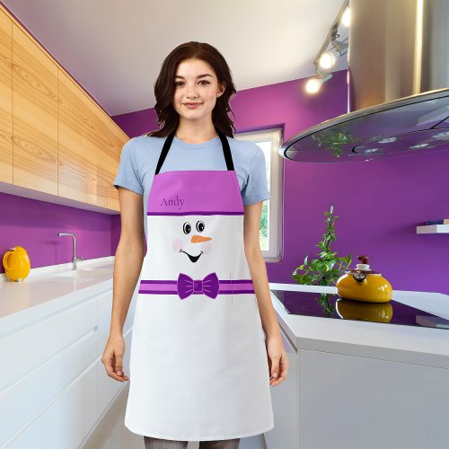 Modern Cute Custom Snowman Face Purple Bowtie  Apron