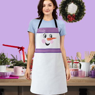 Modern Cute Custom Snowman face Purple Scarf Apron