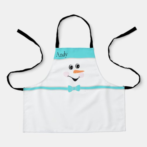 Modern Cute Custom Snowman face Teal Bow Apron